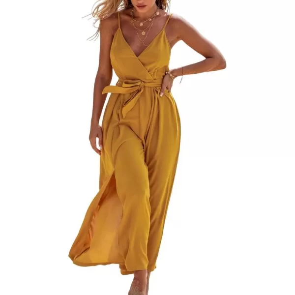 imageCUPSHE Womens Jumpsuits Surplice Neck Wide Leg Rompers Sleeveless Overall Waist Tie Outfit Casual BeachYellow
