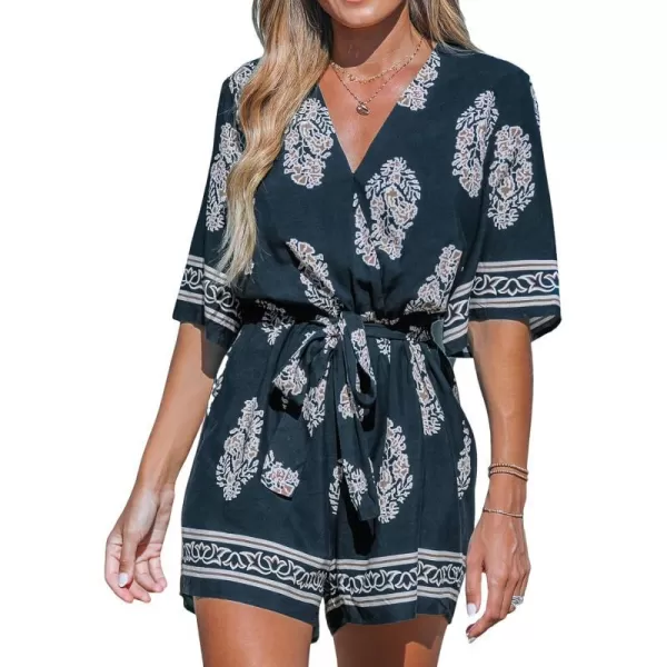 imageCUPSHE Womens Jumpsuits Surplice Neck WideLeg Romper Short Sleeve Overall Waist Tie Outfit Casual DressyBlack