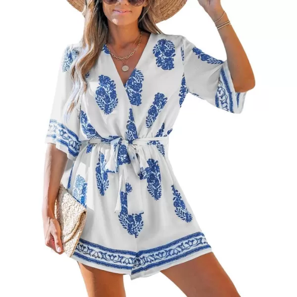 imageCUPSHE Womens Jumpsuits Surplice Neck WideLeg Romper Short Sleeve Overall Waist Tie Outfit Casual DressyBlue
