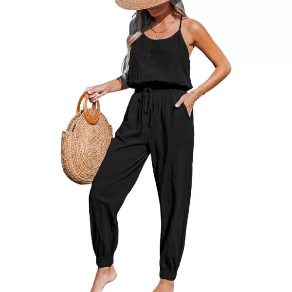 imageCUPSHE Womens Jumpsuits Tapered Leg Backless Sleeveless Scoop Neck Overall Drawstring Waist Outfit Casual BeachBlack