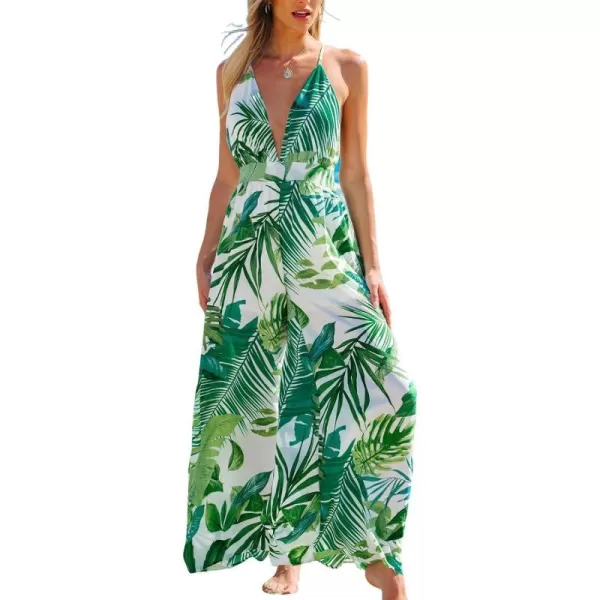 imageCUPSHE Womens Jumpsuits Tropical Sleeveless Wide Leg Overall Plunging Outfit Casual BeachGreen