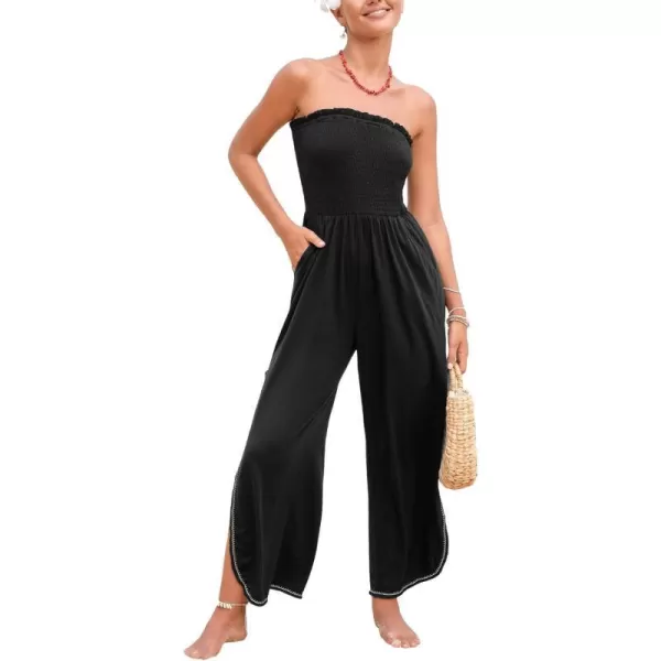 imageCUPSHE Womens Jumpsuits Tube Neck Tie Waist Tapered Leg Overall Sleeveless Outfit Casual BeachBlack