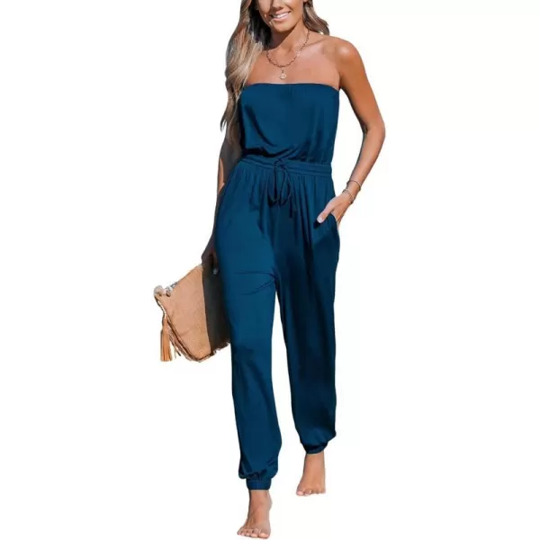 imageCUPSHE Womens Jumpsuits Tube Neck Tie Waist Tapered Leg Overall Sleeveless Outfit Casual BeachDark Blue