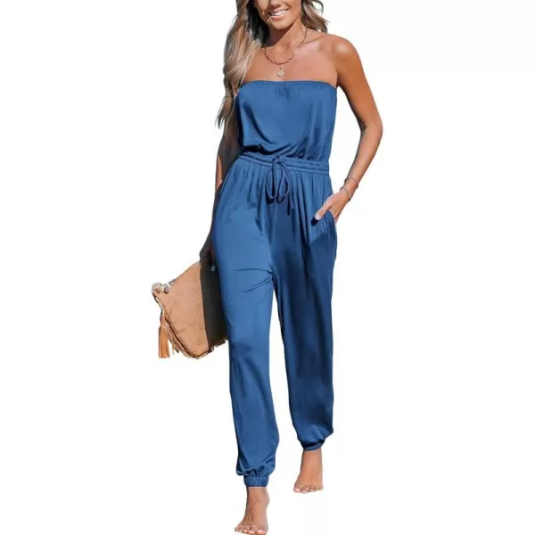 imageCUPSHE Womens Jumpsuits Tube Neck Tie Waist Tapered Leg Overall Sleeveless Outfit Casual BeachLight Blue