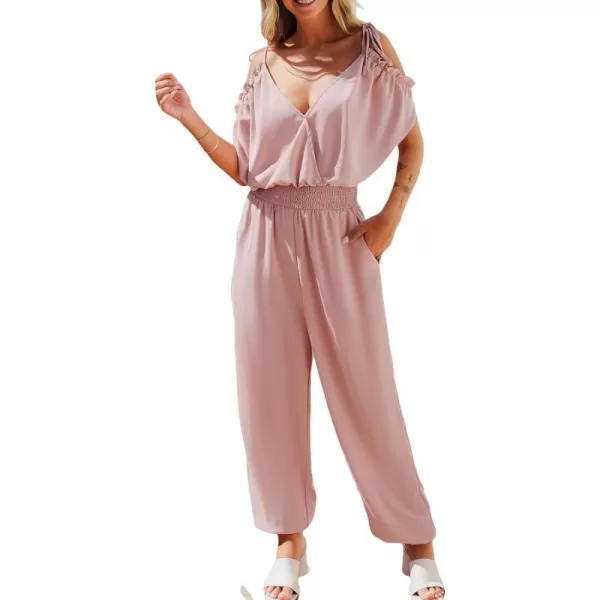 imageCUPSHE Womens Jumpsuits V Neck Short Sleeve Tapered Leg Overall Smocked Outfit Casual DressyPink
