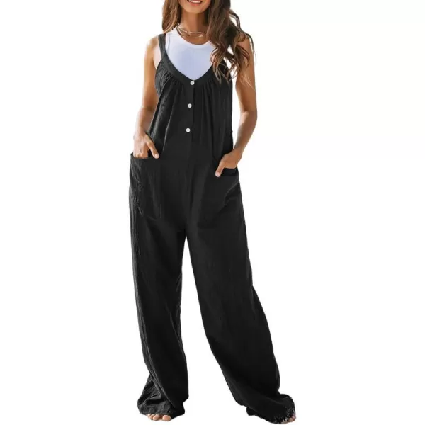 imageCUPSHE Womens Jumpsuits V Neck Sleeveless Overall Button Front Wide Leg Outfit with Patch Pockets CasualBlack