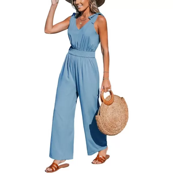 imageCUPSHE Womens Jumpsuits V Neck Sleeveless Shoulder Ties Wide leg Overall Maxi Outfit Casual BeachBlue
