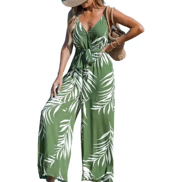 imageCUPSHE Womens Jumpsuits V Neck Tropical Wide Leg Overall Sleeveless Waist Tie Outfit Casual BeachGreen