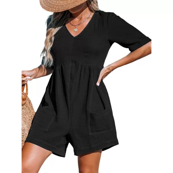 imageCUPSHE Womens Jumpsuits VNeck Wide Leg Romper Short Sleeves Overall with Front Pockets Outfit Casual BeachBlack