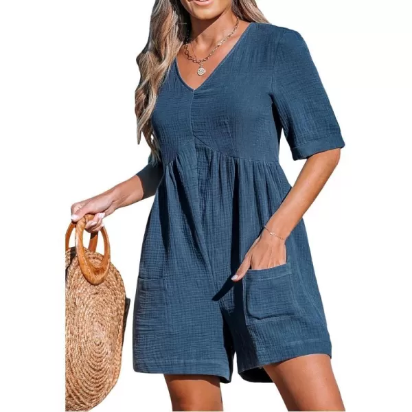 imageCUPSHE Womens Jumpsuits VNeck Wide Leg Romper Short Sleeves Overall with Front Pockets Outfit Casual BeachBlue
