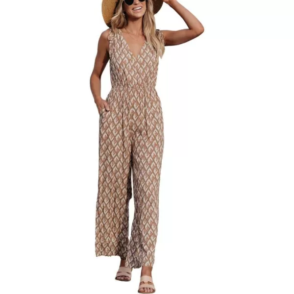 imageCUPSHE Womens Jumpsuits Wide Leg Romper Sleeveless V Neck Overall Drawstring Shoulders Outfit Casual BeachBrown