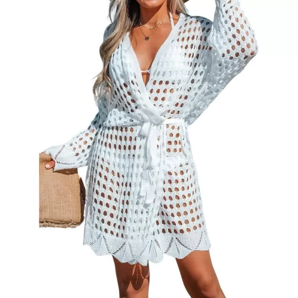 imageCUPSHE Womens Kimono Self Tie Bathing Suit Cover Up Cutout Swimsuit Beach mini Dress with Long SleevesWhite