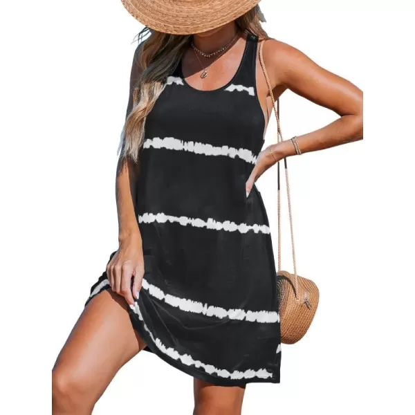 imageCUPSHE Womens Knit Beach Cover Up Dress Tie Dye Jagged Stripe Scoop Neck Mini Summer Dresses Cover UpsBlack