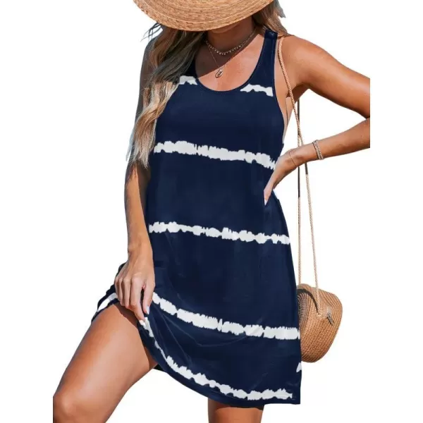 imageCUPSHE Womens Knit Beach Cover Up Dress Tie Dye Jagged Stripe Scoop Neck Mini Summer Dresses Cover UpsBlue
