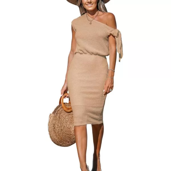 imageCUPSHE Womens Knit Off Shoulder Beach Dress Shoulder Tie Short Sleeve Elastic Waist Midi Casual DressesBrown