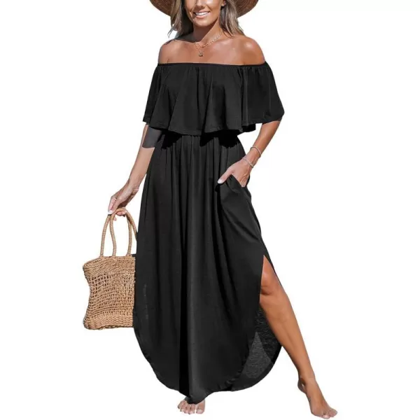 imageCUPSHE Womens Knit Ruffle Maxi Cover Up Dress Off Shoulder Split Hem Summer Dresses Cover Ups with PocketsBlack