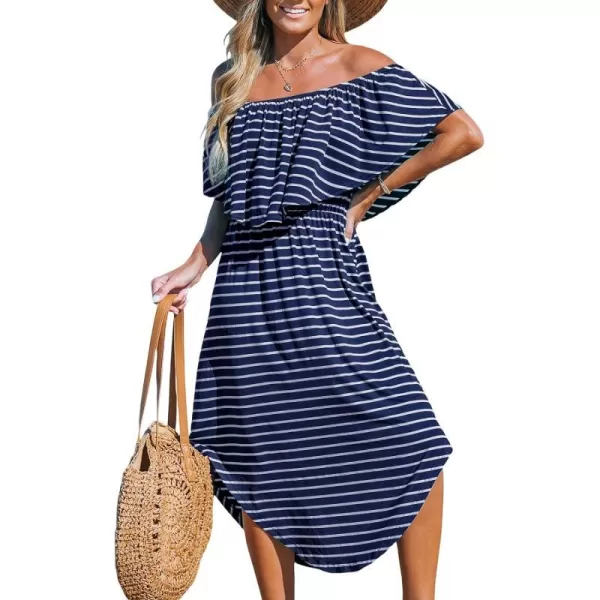 imageCUPSHE Womens Knit Ruffle Maxi Cover Up Dress Off Shoulder Split Hem Summer Dresses Cover Ups with PocketsNavy