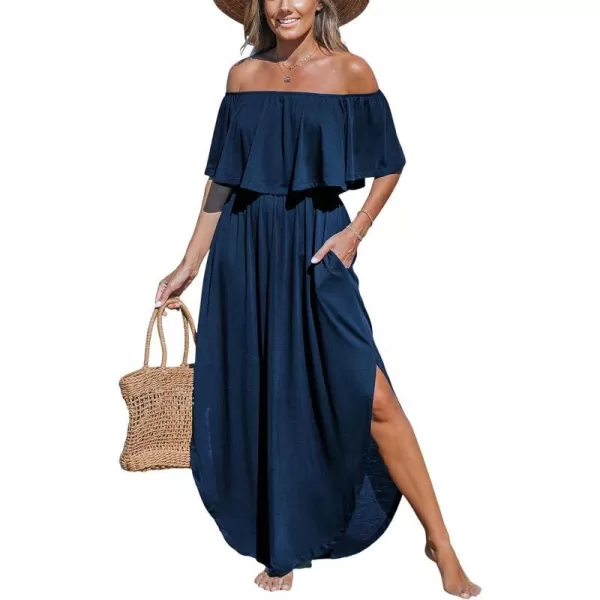imageCUPSHE Womens Knit Ruffle Maxi Cover Up Dress Off Shoulder Split Hem Summer Dresses Cover Ups with PocketsNavy Blue