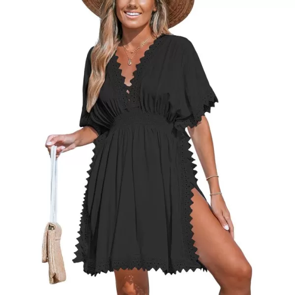 imageCUPSHE Womens Lace Cover Ups Side Slit Mini Dress V Neck Coverup Batwing Short Sleeves 2024Black