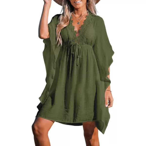 imageCUPSHE Womens Lace Floral Cover Up Dress Drawstring Bat Sleeve V Neck Mini DressOlive Green