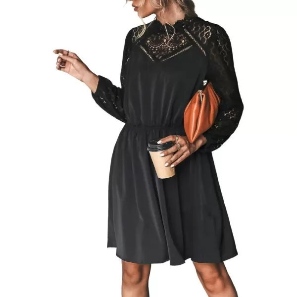 imageCUPSHE Womens Lace High Neck Short Length Dresses Cutout Long Sleeves Dress with Elastic WaistBlack