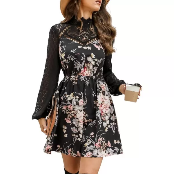 imageCUPSHE Womens Lace High Neck Short Length Dresses Cutout Long Sleeves Dress with Elastic WaistBlack Floral