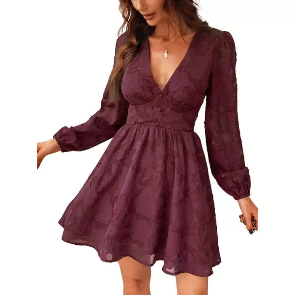 imageCUPSHE Womens Lace Mini Dress Long Sleeve Floral Print A Line Dress for Party Bodycon DressBurgundy