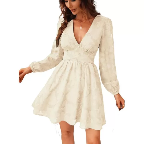 imageCUPSHE Womens Lace Mini Dress Long Sleeve Floral Print A Line Dress for Party Bodycon DressIvory