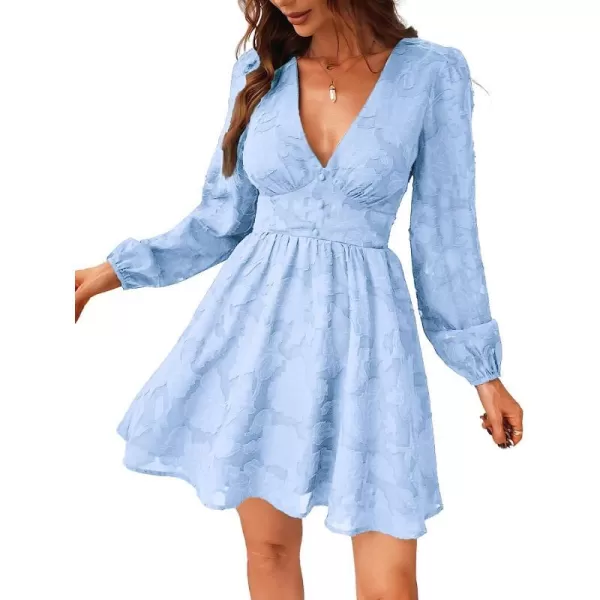 imageCUPSHE Womens Lace Mini Dress Long Sleeve Floral Print A Line Dress for Party Bodycon DressLight Blue