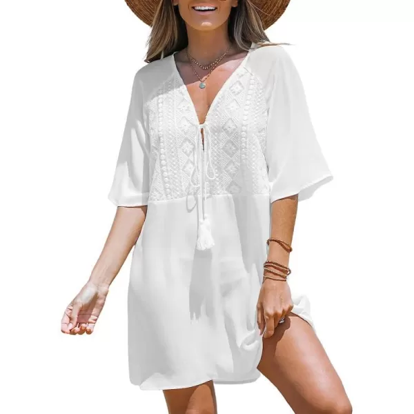 imageCUPSHE Womens Lace Tassel Tie CoverUp Dress VNeck Mini Dress with 34 Bell SleevesWhite