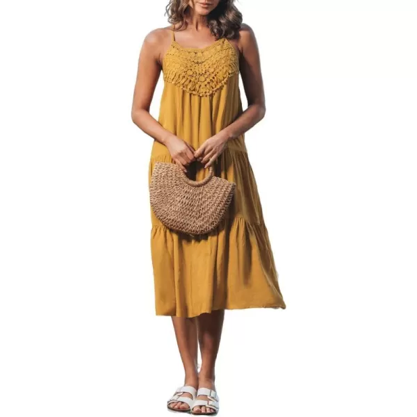 imageCUPSHE Womens Lace Tiered Hem Cami Dress Midi Summer Dress SleevelessYellow