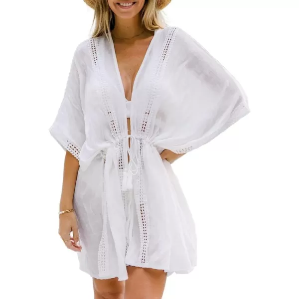 imageCUPSHE Womens Lace Trim Tassel Kimono Beach Cover Up Long Sleeve Beach DressWhite