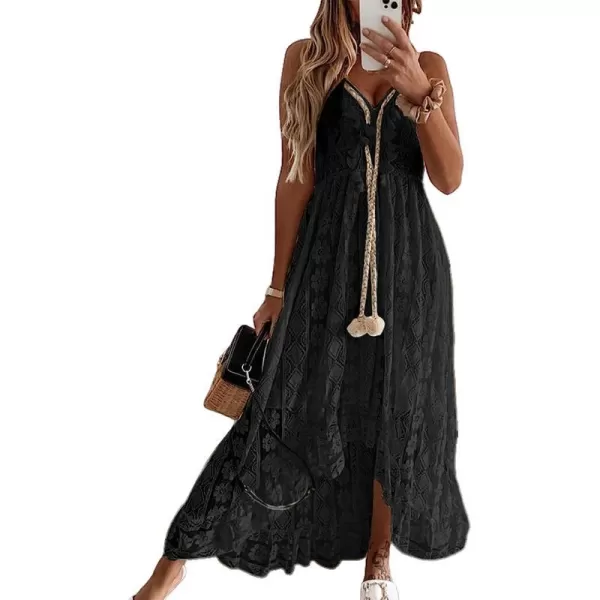 imageCUPSHE Womens Lace Up Dresses Boho Tassel VNeck Flare Ruffle BeachBlack
