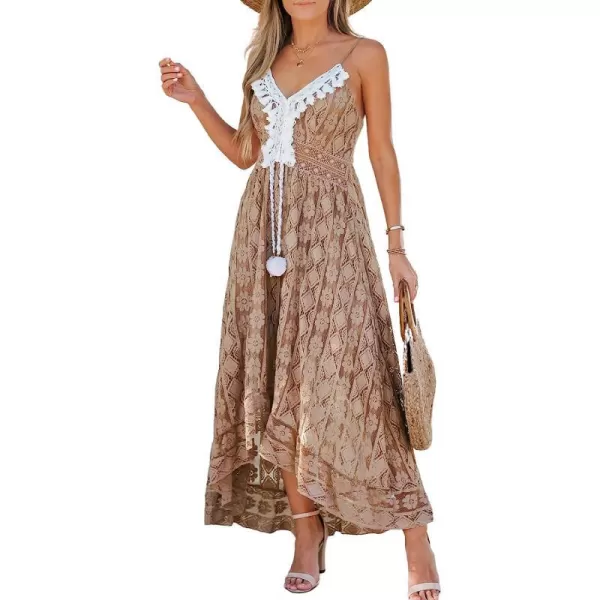 imageCUPSHE Womens Lace Up Dresses Boho Tassel VNeck Flare Ruffle BeachBrown
