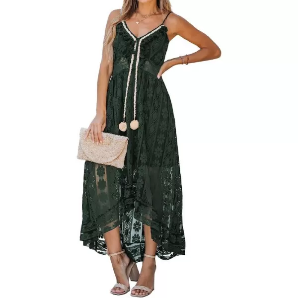 imageCUPSHE Womens Lace Up Dresses Boho Tassel VNeck Flare Ruffle BeachDark Green