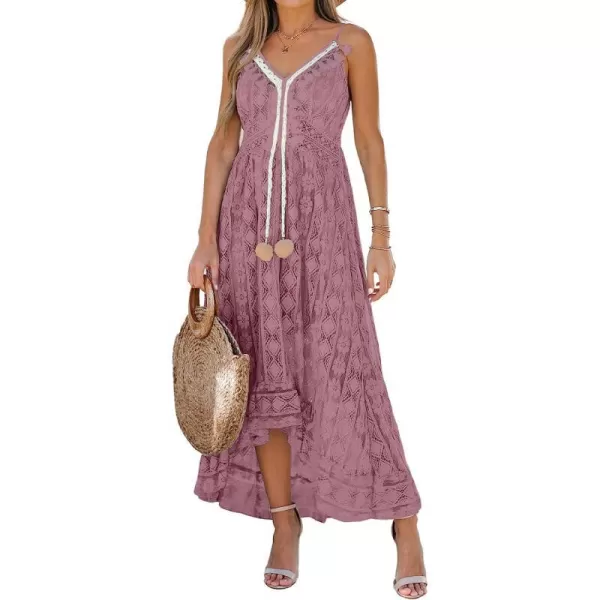 imageCUPSHE Womens Lace Up Dresses Boho Tassel VNeck Flare Ruffle BeachRust Red