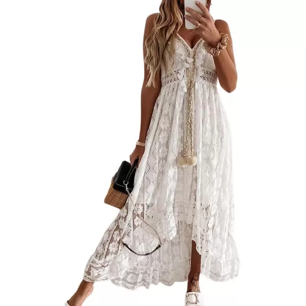 imageCUPSHE Womens Lace Up Dresses Boho Tassel VNeck Flare Ruffle BeachWhite