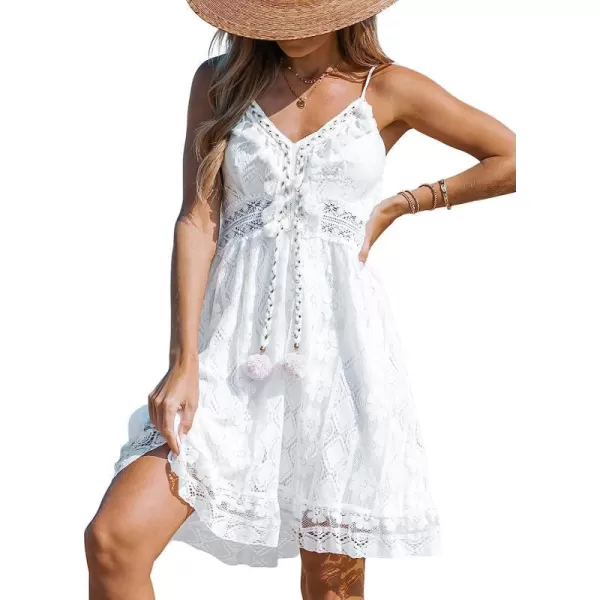 imageCUPSHE Womens Lace Up Dresses Boho Tassel VNeck Flare Ruffle BeachWhitemini