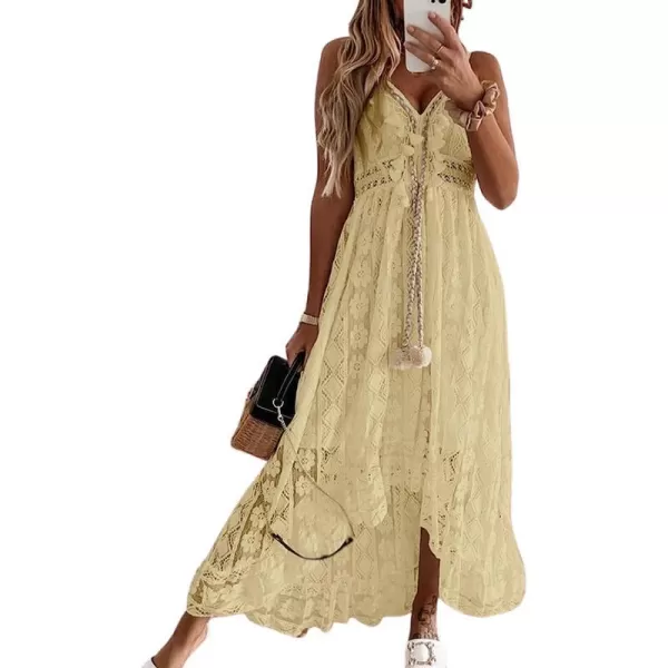 imageCUPSHE Womens Lace Up Dresses Boho Tassel VNeck Flare Ruffle BeachYellow