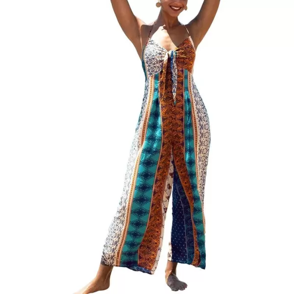 imageCUPSHE Womens Lace Up Wide Leg Halter Boho Print Floor Length JumpsuitMulti Color