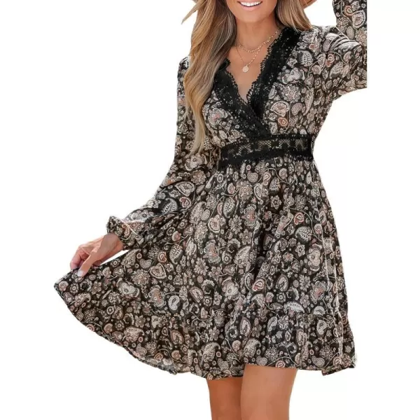 imageCUPSHE Womens Lace V Neck Boho Paisley Print Long Sleeve Mini Dress Ruffled Hem Casual A Line Short DressBlack