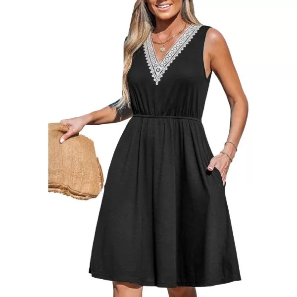 imageCUPSHE Womens Lace V Neck Dress Sleeveless Cinched Waist Dresses with PocketsBlack