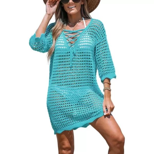 imageCUPSHE Womens LaceUp Cutout Cover Up Dress Short Sleeve Scalloped Trim Knit Beach Mini DressBlue