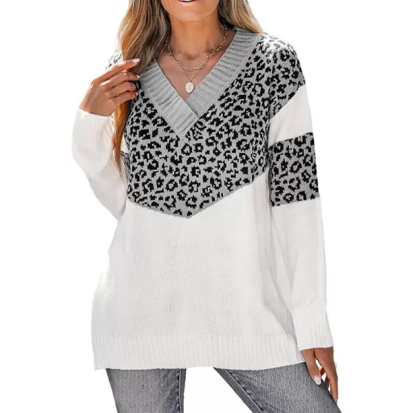 imageCUPSHE Womens Leopard Colorblock Sweater Winter Casual Long Sleeve VNeck Pullover SweatersGrey