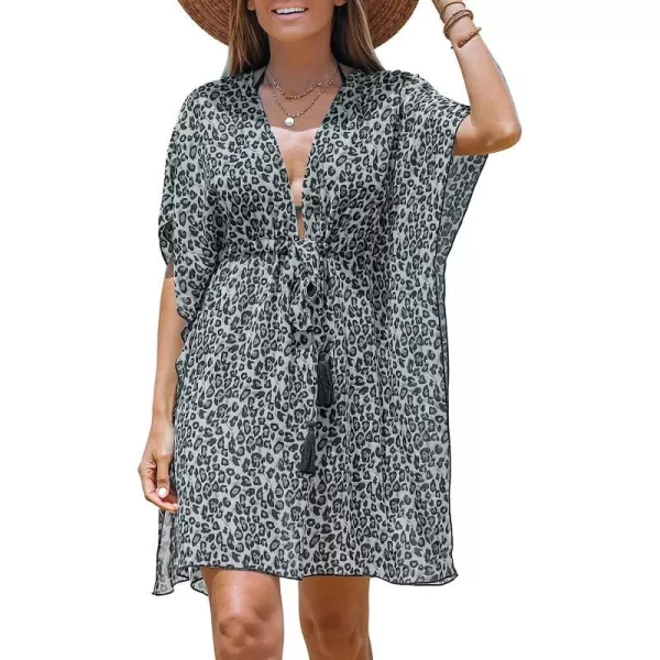imageCUPSHE Womens Leopard Print Tie Front Chiffon CoverUp Dress Plunging Neck Mini Dress with 34 Dolman SleevesBlack Leopard
