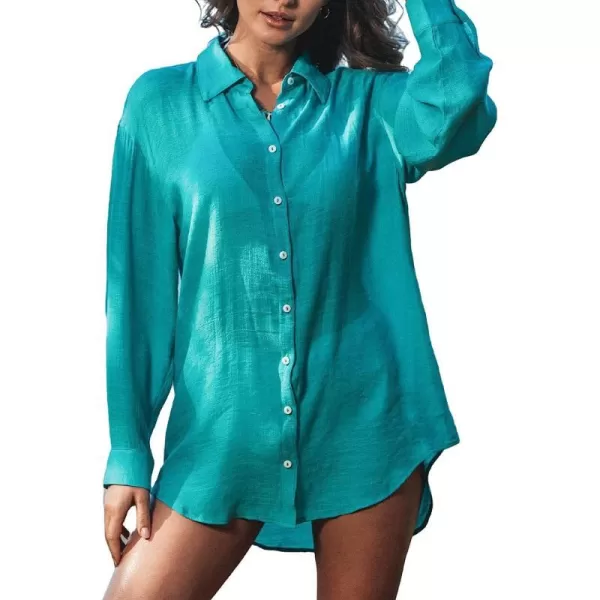 imageCUPSHE Womens Long Sleeve Button Front CoverUp ShirtPeacock Green