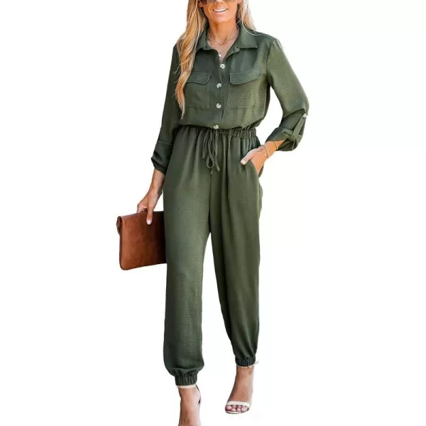 imageCUPSHE Womens Long Sleeve ButtonFront Drawstring Waist Maxi Jumpsuit Overalls Pockets Casual Pleated Long JumpsuitOlive Green