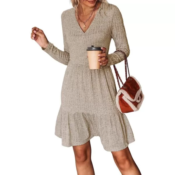 imageCUPSHE Womens Long Sleeve Chic VNeck Mini Dress Jersey Knit Ribbed Flounce Hem Autumn DressesBrown