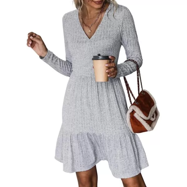 imageCUPSHE Womens Long Sleeve Chic VNeck Mini Dress Jersey Knit Ribbed Flounce Hem Autumn DressesGrey