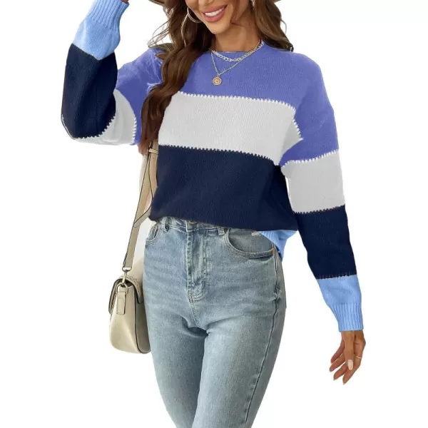 imageCUPSHE Womens Long Sleeve Colorblock Fall Winter Casual Knit Pullover Sweater Round NeckBlue